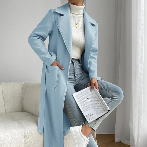 Baby Blue Preppy Womens Lapel Neck Dual Pocket Belted Overcoat - Picture 5 of 5